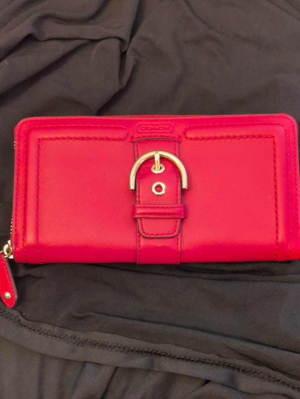 Coach Bright Red Leather Zip-Around Wallet with Buckle Accent